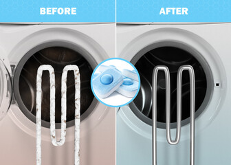 Drum and heating element of washing machine before and after using water softener tablets, collage