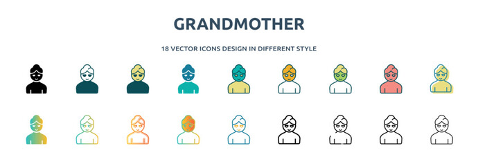 grandmother icon in 18 different styles such as thin line, thick line, two color, glyph, colorful, lineal color, detailed, stroke and gradient. set of grandmother vector for web, mobile, ui