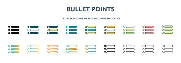 bullet points icon in 18 different styles such as thin line, thick line, two color, glyph, colorful, lineal color, detailed, stroke and gradient. set of bullet points vector for web, mobile, ui - obrazy, fototapety, plakaty