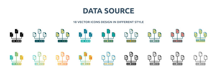 data source icon in 18 different styles such as thin line, thick line, two color, glyph, colorful, lineal color, detailed, stroke and gradient. set of data source vector for web, mobile, ui