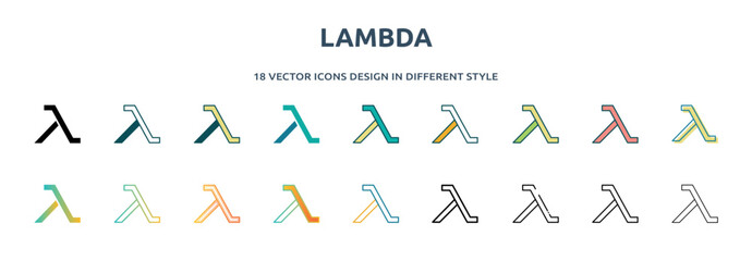 lambda icon in 18 different styles such as thin line, thick line, two color, glyph, colorful, lineal color, detailed, stroke and gradient. set of lambda vector for web, mobile, ui - obrazy, fototapety, plakaty