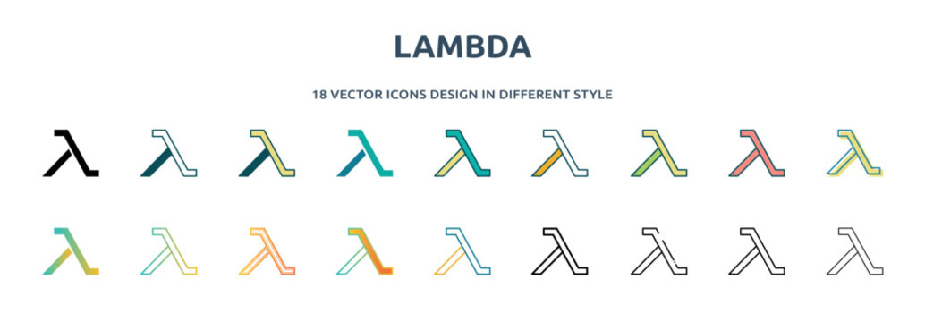 lambda icon in 18 different styles such as thin line, thick line, two color, glyph, colorful, lineal color, detailed, stroke and gradient. set of lambda vector for web, mobile, ui