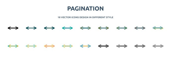 pagination icon in 18 different styles such as thin line, thick line, two color, glyph, colorful, lineal color, detailed, stroke and gradient. set of pagination vector for web, mobile, ui - obrazy, fototapety, plakaty