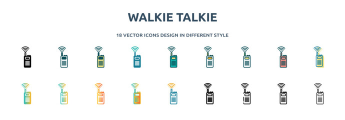 walkie talkie icon in 18 different styles such as thin line, thick line, two color, glyph, colorful, lineal color, detailed, stroke and gradient. set of walkie talkie vector for web, mobile, ui © IconArt
