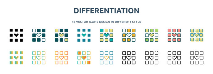 differentiation icon in 18 different styles such as thin line, thick line, two color, glyph, colorful, lineal color, detailed, stroke and gradient. set of differentiation vector for web, mobile, ui - obrazy, fototapety, plakaty