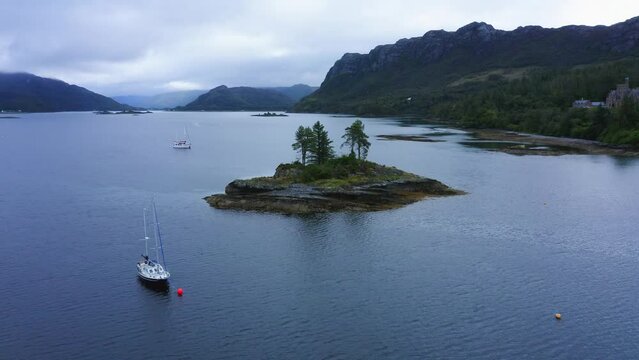 Aerial Drone View of Beautiful Scottish Highlands Mountains Landscape, Scotland, of Loch Carron, a Lake at Plockton Town on NC500 (North Coast 500) Route in UK