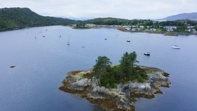 Aerial Drone View of Beautiful Scottish Highlands Landscape, Scotland, of Loch Carron, a Lake at Plockton Town on NC500 (North Coast 500) Route in UK