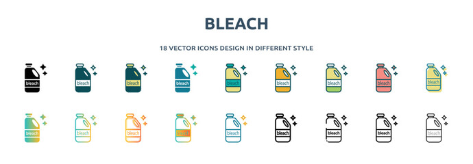 bleach icon in 18 different styles such as thin line, thick line, two color, glyph, colorful, lineal color, detailed, stroke and gradient. set of bleach vector for web, mobile, ui - obrazy, fototapety, plakaty
