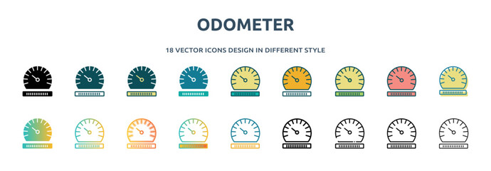 odometer icon in 18 different styles such as thin line, thick line, two color, glyph, colorful, lineal color, detailed, stroke and gradient. set of odometer vector for web, mobile, ui - obrazy, fototapety, plakaty