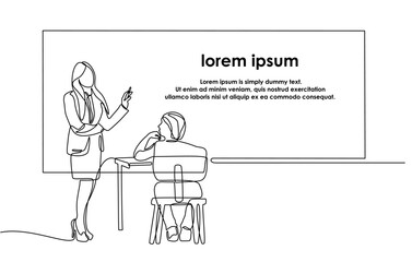 Continuous one line drawing of a teacher welcoming children back to school. education, school, lesson and concept of a teacher standing in front of students and writing on the blackboard.doodle style