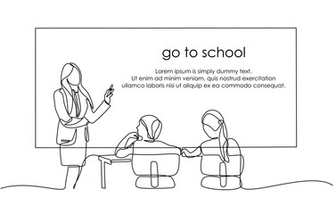 Continuous one line drawing of a teacher welcoming children back to school. education, school, lesson and concept of a teacher standing in front of students and writing on the blackboard.doodle style