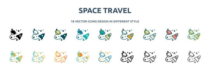space travel icon in 18 different styles such as thin line, thick line, two color, glyph, colorful, lineal color, detailed, stroke and gradient. set of space travel vector for web, mobile, ui