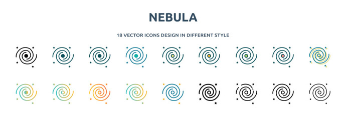 nebula icon in 18 different styles such as thin line, thick line, two color, glyph, colorful, lineal color, detailed, stroke and gradient. set of nebula vector for web, mobile, ui