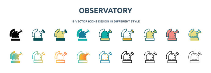 observatory icon in 18 different styles such as thin line, thick line, two color, glyph, colorful, lineal color, detailed, stroke and gradient. set of observatory vector for web, mobile, ui - obrazy, fototapety, plakaty