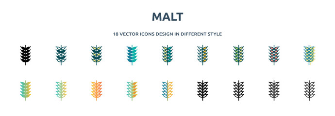 malt icon in 18 different styles such as thin line, thick line, two color, glyph, colorful, lineal color, detailed, stroke and gradient. set of malt vector for web, mobile, ui
