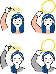 抜毛症で悩んでいる女性　セット　イラスト素材
