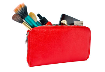 Red cosmetics bag with powder brushes,  compact powder case, lip ink bottle isolated on transparent...