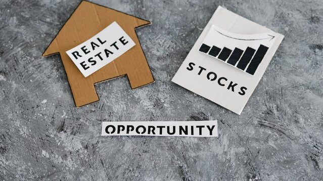 investment opportunities and building wealth, house icon next to stock market stats with text underneath