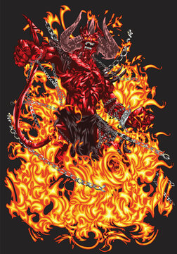 devil on fire isolated on black background for poster, t-shirt print, business element, social media content, blog, sticker, vlog, and card. vector illustration.