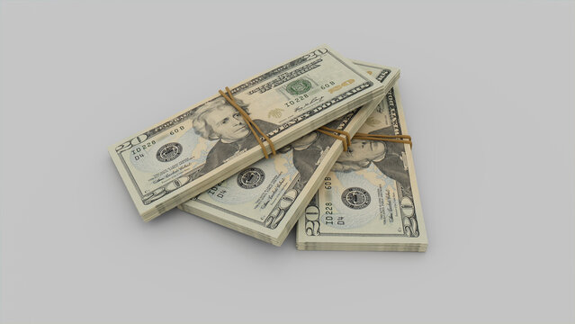 Three bundles of Twenty Dollar Bills. Banking concept with Banknotes on White Surface.