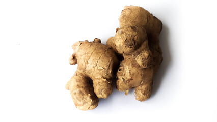 Ginger on a isolated white background. Top view photo angel for food and drink ingredients
