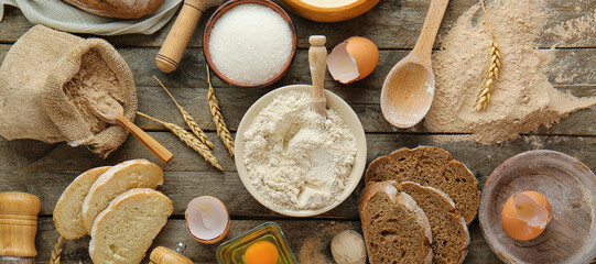 Different fresh flour with eggs, sugar and sliced bread on wooden background