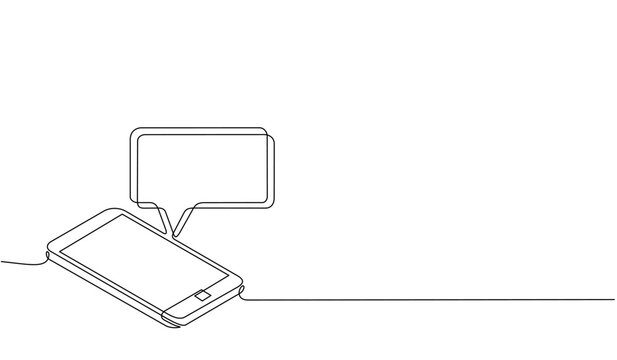 Continuous One Line Drawing Of A Chat Messages On Smartphone. Chat On Mobile. Send Message And Text With Speech Bubble, Flat Illustration Vector Of Cell Phone Conversation In Doodle Style