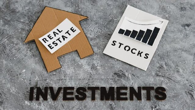 investment opportunities and building wealth, house icon next to stock market stats with text underneath