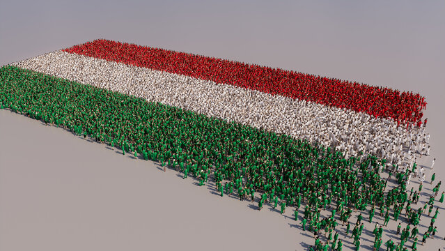 Aerial view of a Crowd of People, coming together to form the Flag of Hungary. Hungarian Banner on White Background.