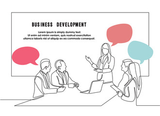 Continuous one line drawing of woman explaining graphic of marketing executive with group of business people discussing with speech bubble. Creative business team brainstorming project in doodle style