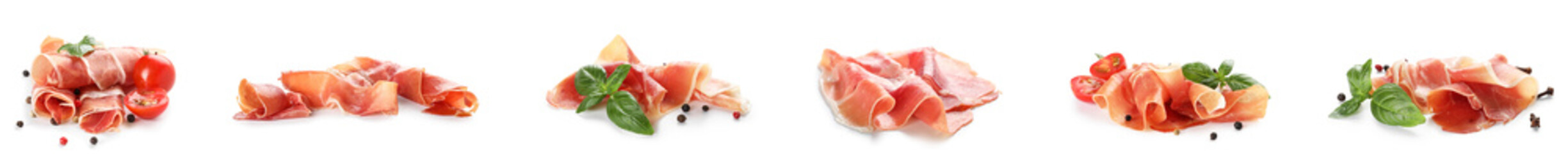 Set of delicious jamon slices on white background
