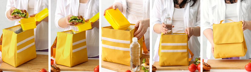Collage with woman putting tasty food in thermo bag