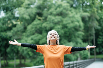 ic Senior woman stretch arm in park.