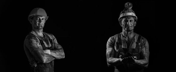 Black and white banner with miner men on dark background