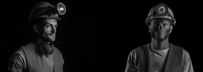 Black and white banner with miner men on dark background