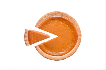 Pumpkin pie with a slice isolated cutout