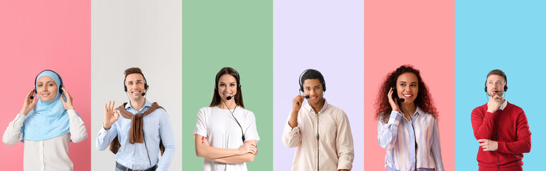 Set of technical support agents on color background