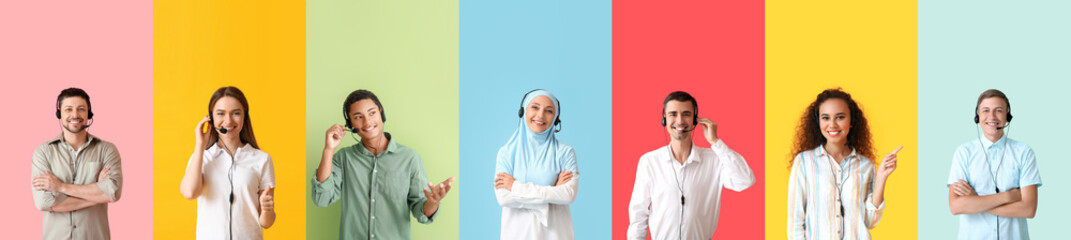 Set of technical support agents on color background