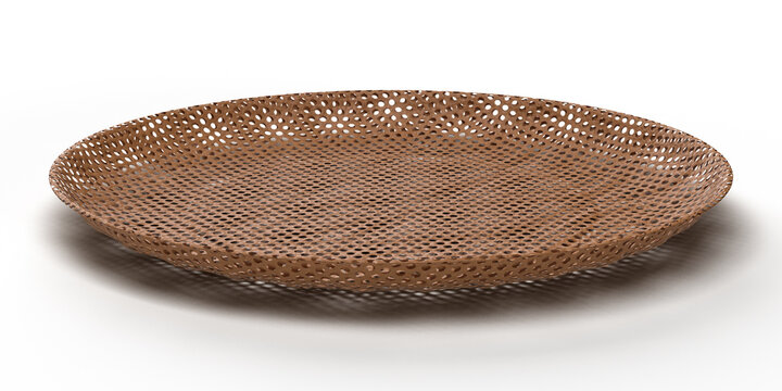 Isolated Top View of Sieve, Colander or Bamboo Strainer, Old Crockery on White Background, Realistic Shot of 3D Illustration.