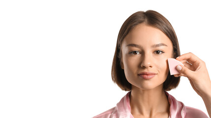 Pretty young woman with makeup sponge on white background