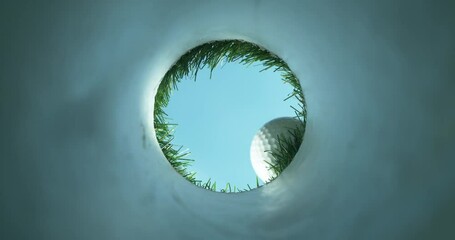 Super slow motion of falling golf ball into hole. Unique perspective angle of view. Filmed on high speed cinema camera, 1000fps.