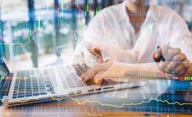 Businessman and team analyzing financial statement Finance task. with smart phone and laptop and tablet. Wealth management concept