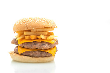 pork hamburger or pork burger with cheese and french fries on white background