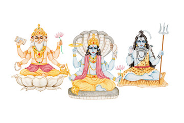 インド神話 神 ヴィシュヌ シヴァ ブラフマー 三神一体　水彩 イラスト
