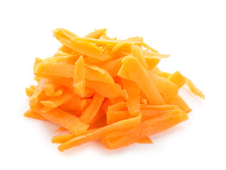 Heap of chopped carrots isolated on white background