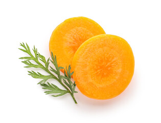 Slices of fresh carrot and leaf on white background