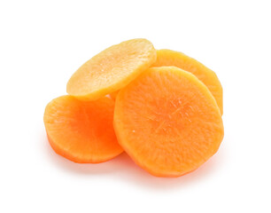 Slices of fresh carrot isolated on white background