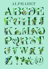 Collection.Watercolor emerald alphabet with gold sprinkles decorated with olives,tropical leaves,branches with berries,exotic.Wedding stationery item.Hand painted from A to Z. Suitable for printing po