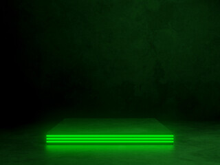 3D cement background with green neon light.