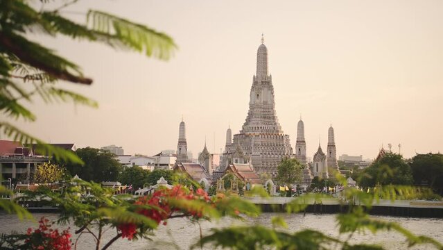 Bangkok Skyline City Scene, Thailand, Wat Arun Buddhist Temple and River Orange Sunset Cityscape, Beautiful Famous Building and Popular Iconic Tourist Attraction, Chao Phraya River